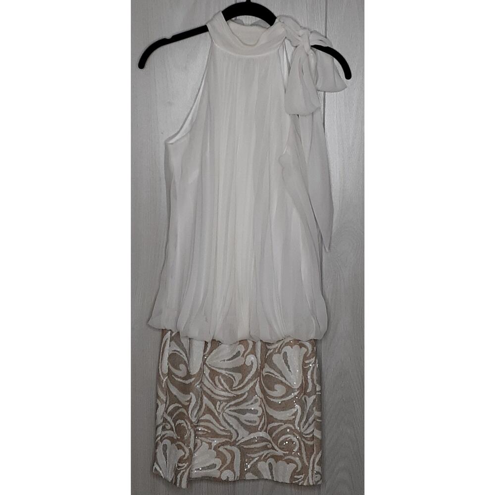 Cache Cocktail Party Mini Dress Size Medium White Tan Silver Side Neck Tie